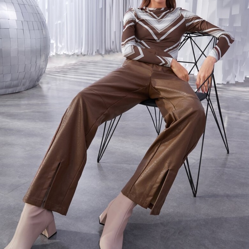 High Waist Slit Hem faux Leather Pants